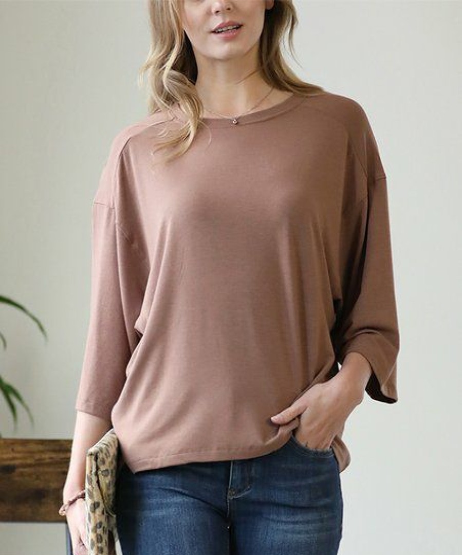 Women * | Top 10 42Pops Cocoa Drop-Shoulder Crewneck Three-Quarter Sleeve Hi-Low Tee Women