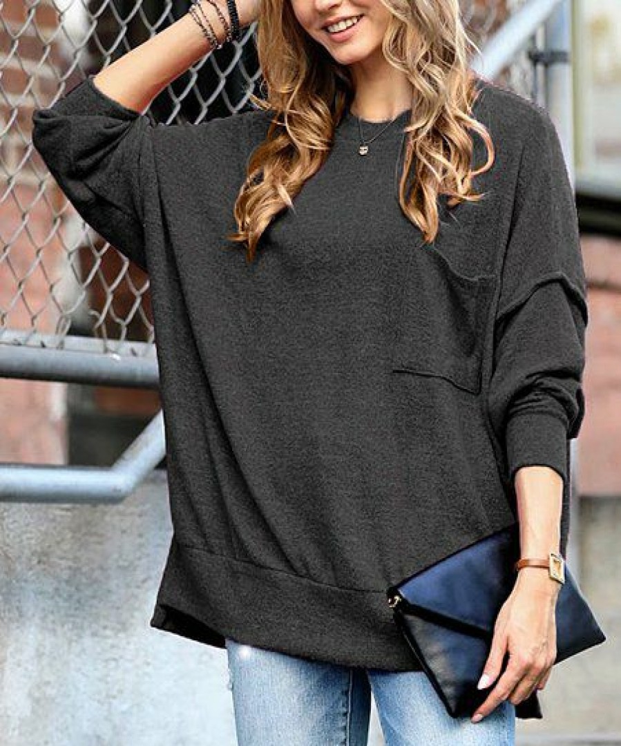 Women * | Cheapest 42Pops Charcoal Melange Oversize Crewneck Long-Sleeve Hi-Low Pocket Sweater Women