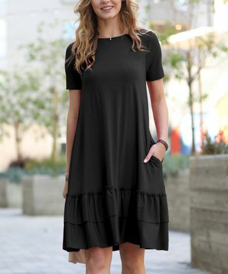 Women * | Buy 42Pops Black Short-Sleeve Ruffle-Hem Pocket Shift Dress Women