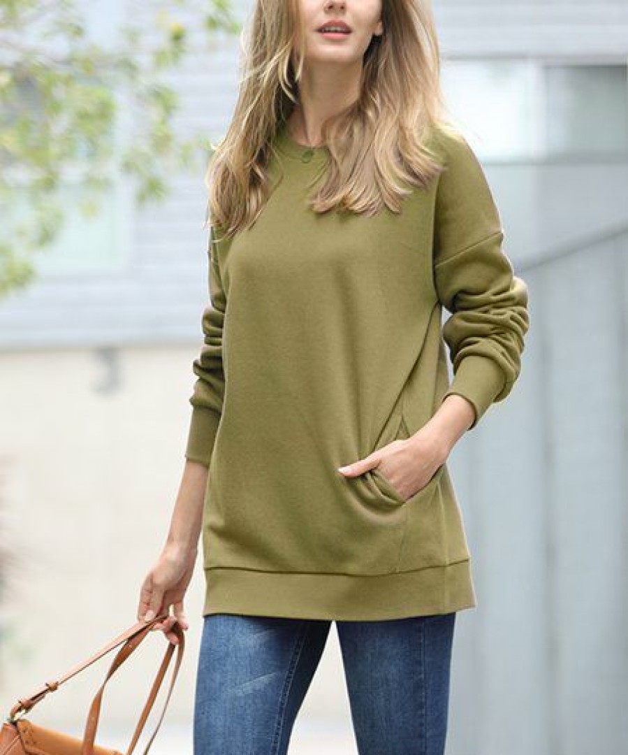 Women * | Budget 42Pops Khaki Crewneck Long-Sleeve Pocket Sweatshirt Women