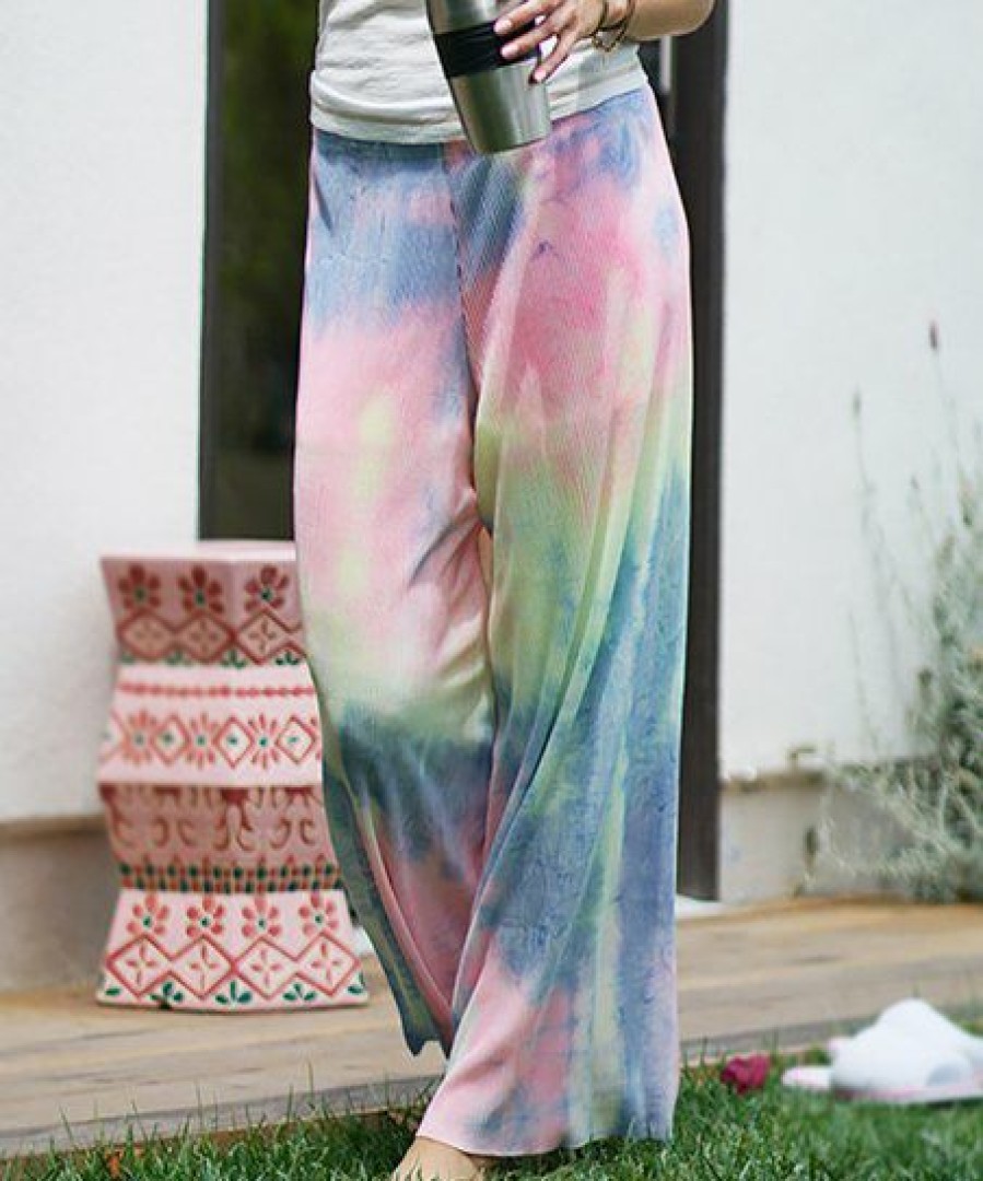 Women * | Buy 42Pops Pink & Purple Tie-Dye Ribbed Wide-Leg Pants Women