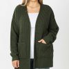 Women * | Promo 42Pops Army Green Waffle-Knit Pocket Open Cardigan Plus