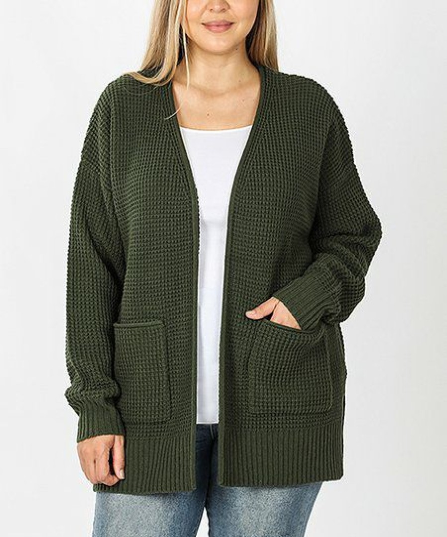 Women * | Promo 42Pops Army Green Waffle-Knit Pocket Open Cardigan Plus