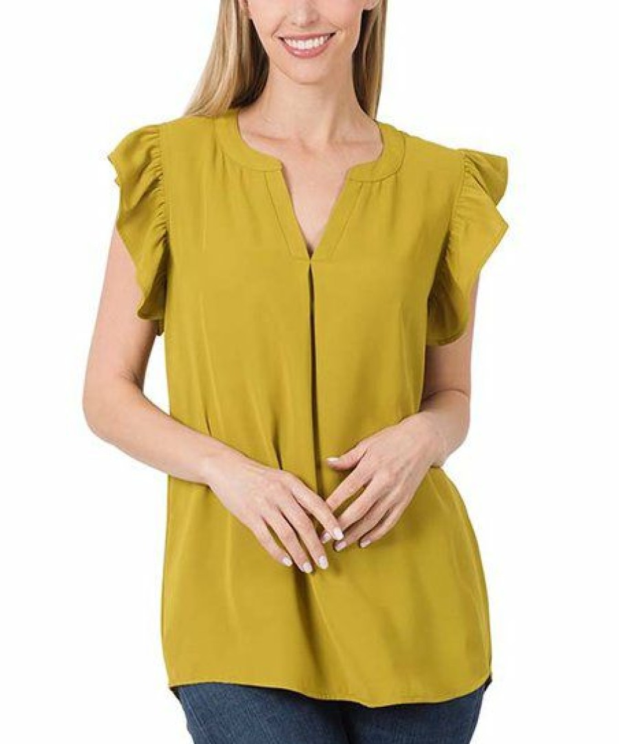 Other * | Top 10 42Pops Olive Mustard Ruffle V-Neck Cap-Sleeve Tunic Women