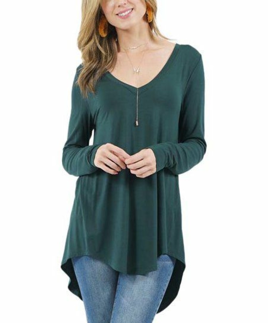 Women * | Budget 42Pops Hunter Green V-Neck Long-Sleeve Dolphin-Hem Top Women