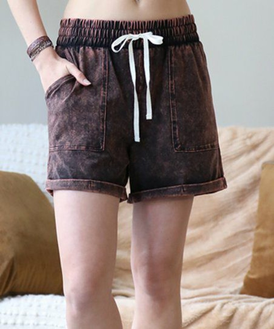 Women * | New 42Pops Rust Brown Mineral Wash Drawstring Cuffed-Hem Pocket Shorts Women