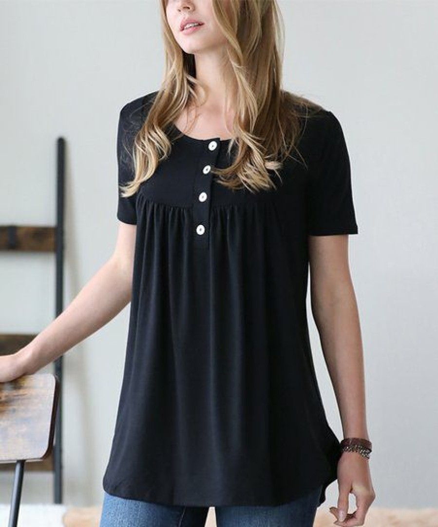 Women * | Best Sale 42Pops Black Button-Front Scoop Neck Short-Sleeve Swing Top Women