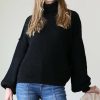 Women * | Hot Sale 42Pops Black Oversize Drop-Shoulder Bishop-Sleeve Turtleneck Sweater Women