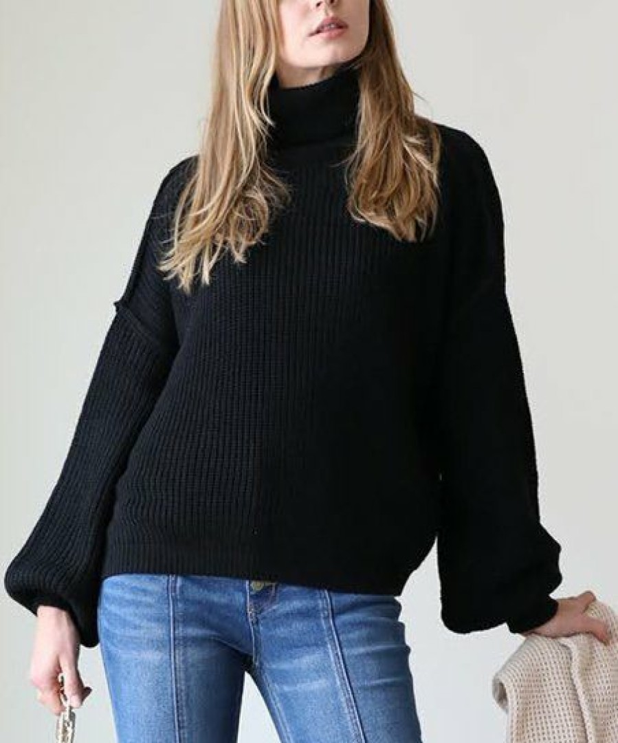 Women * | Hot Sale 42Pops Black Oversize Drop-Shoulder Bishop-Sleeve Turtleneck Sweater Women