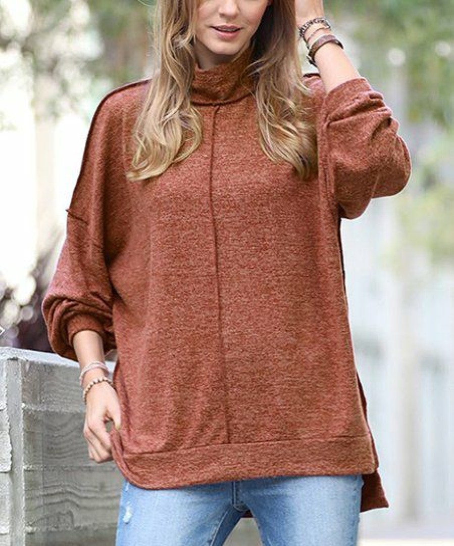 Women * | Cheap 42Pops Dark Rust Melange Hacci Mock Neck Sweater Women