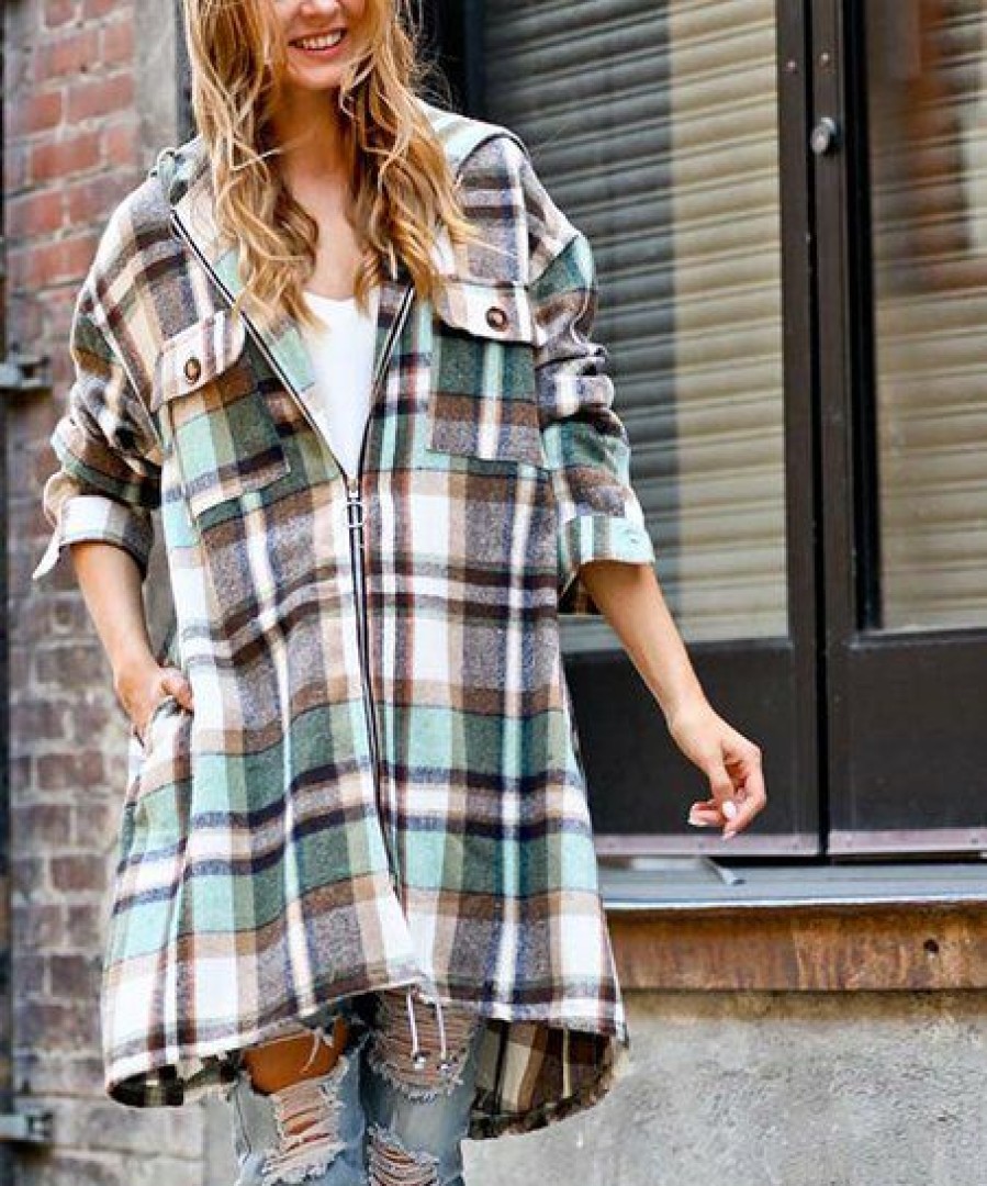 Women * | Flash Sale 42Pops White & Green Plaid Pocket Zip-Up Hooded Coat Women