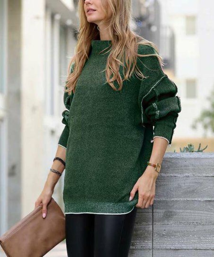 Women * | Cheapest 42Pops Dark Green Raw-Seam Mock Neck Long-Sleeve Oversize Sweater Women