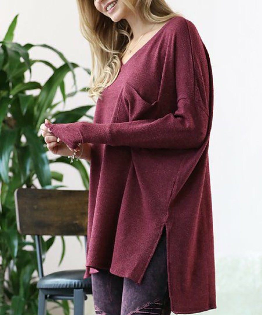 Women * | Deals 42Pops Dark Burgundy Oversize V-Neck Long-Sleeve Hi-Low Top Women