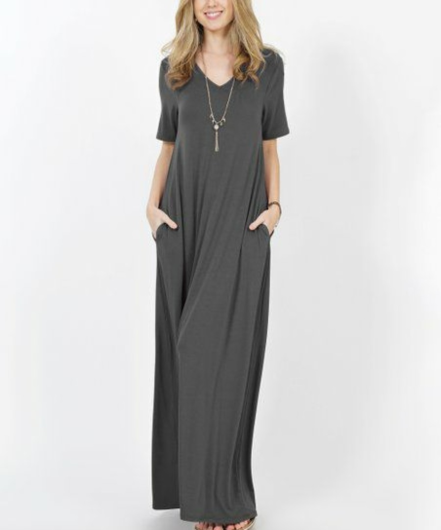 Women * | Cheapest 42Pops Ash Gray V-Neck Short-Sleeve Pocket Maxi Dress Women