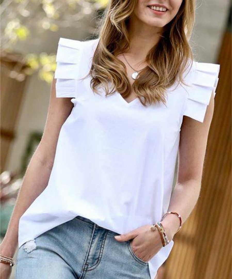 Other * | Discount 42Pops White V-Neck Pleated-Sleeve Top Women