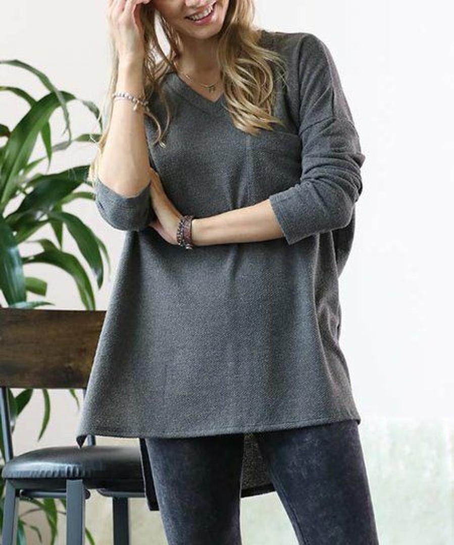 Other * | Flash Sale 42Pops Ash Gray Melange V-Neck Long-Sleeve Hi-Low Sweater Women