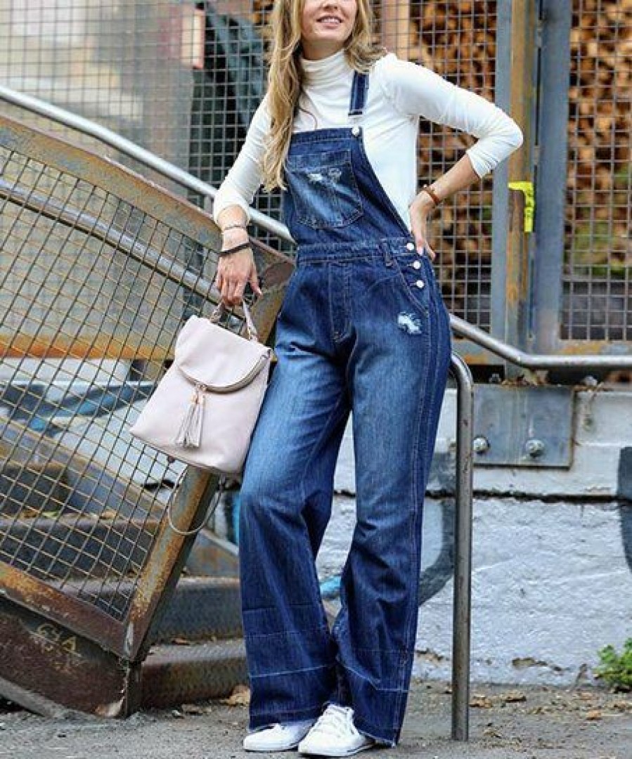 Women * | Brand New 42Pops Dark Blue Distressed Denim Overalls Women