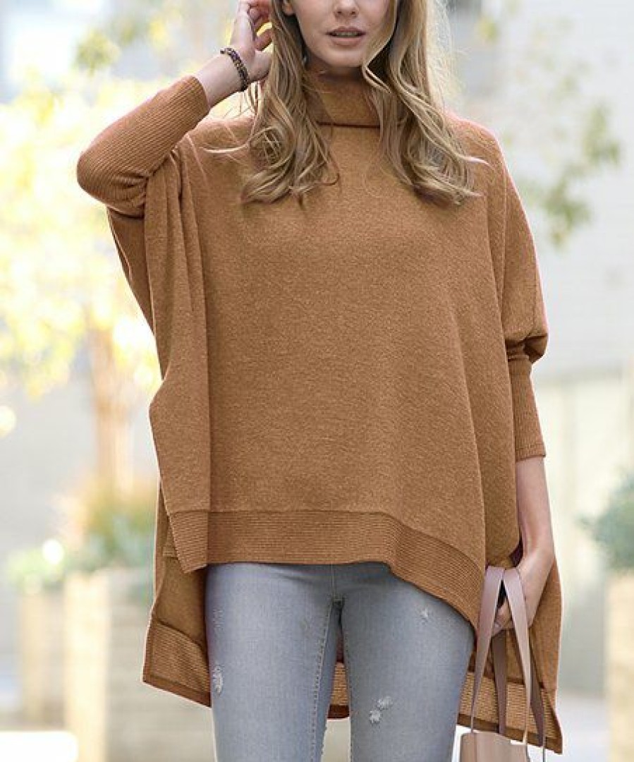 Women * | Cheap 42Pops Dark Camel Cowl Neck Hi-Low Poncho Sweater Women