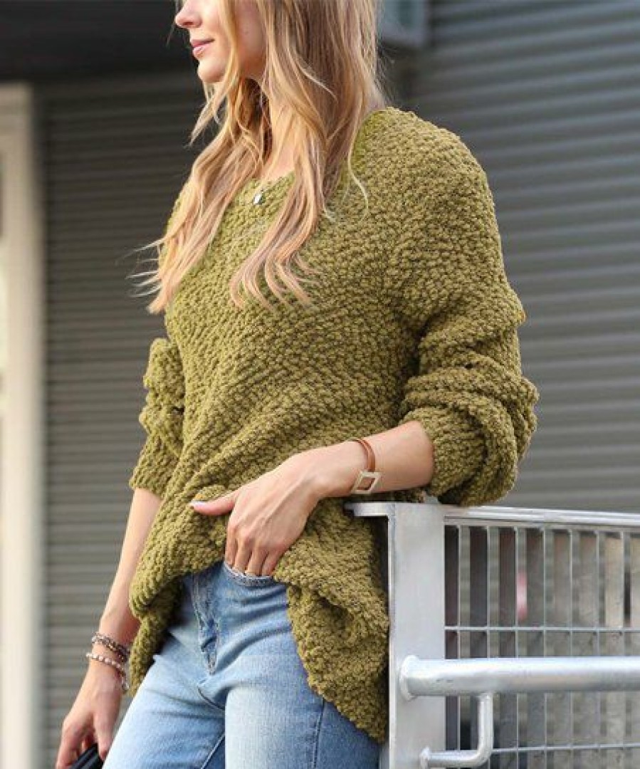 Women * | Coupon 42Pops Khaki Popcorn-Texture Crewneck Bishop-Sleeve Sweater Women