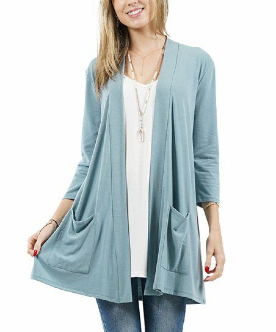 Women * | Outlet 42Pops Blue Gray Pocket Three-Quarter Sleeve Cardigan Women