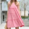 Women * | Buy 42Pops Bright Pink Tiered Ruffle-Trim Scoop Neck Sleeveless Dress Women