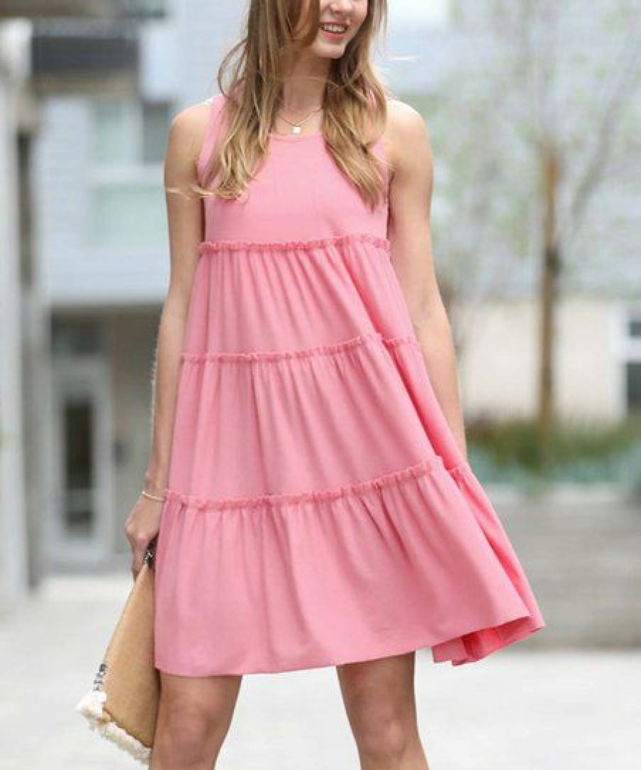 Women * | Buy 42Pops Bright Pink Tiered Ruffle-Trim Scoop Neck Sleeveless Dress Women