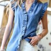 Women * | Best Deal 42Pops Denim Blue Washed Ruffle Button-Up V-Neck Flutter-Sleeve Top Women