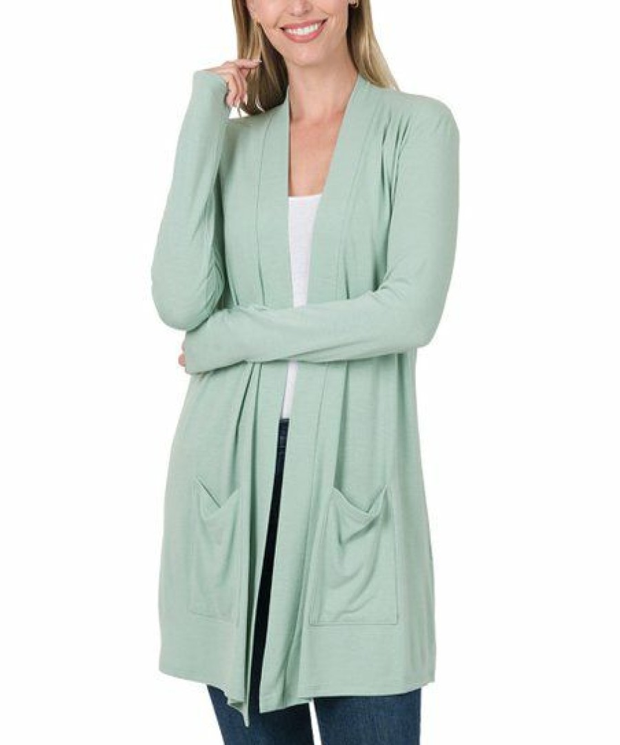 Women * | Budget 42Pops Dusty Green Slouchy Pocket Open Cardigan Women