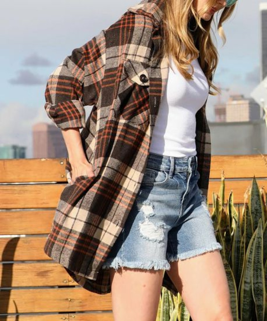 Women * | Best Reviews Of 42Pops Brown Rust Plaid Oversize Shacket Women