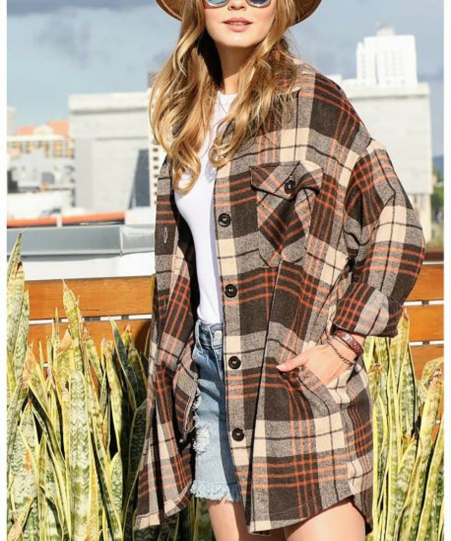 Women * | Best Reviews Of 42Pops Brown Rust Plaid Oversize Shacket Women