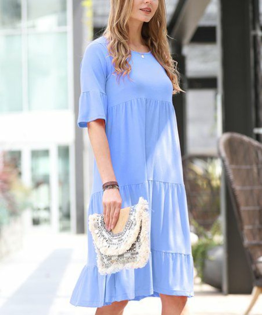 Women * | Hot Sale 42Pops Spring Blue Round-Neck Half-Sleeve Tiered Shift Dress Women